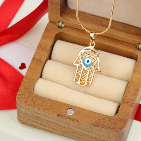 "Rose Gold Hamsa Hand Pendant with Blue Evil Eye and Filigree Design, XPPT1483 - Picture 7 of 12